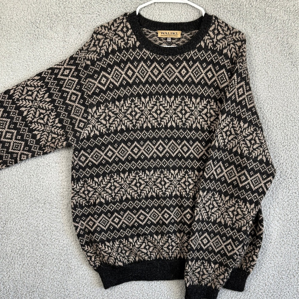 Waliki 100% Alpaca Hair Sweater Crew Neck Men Large Black Tan Geometric Pullover